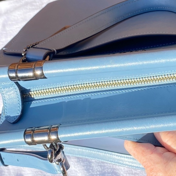 Coach NY Grace Crossbody Satchel in Striking Blue-Gray Leather with Black Edges - Picture 13 of 14